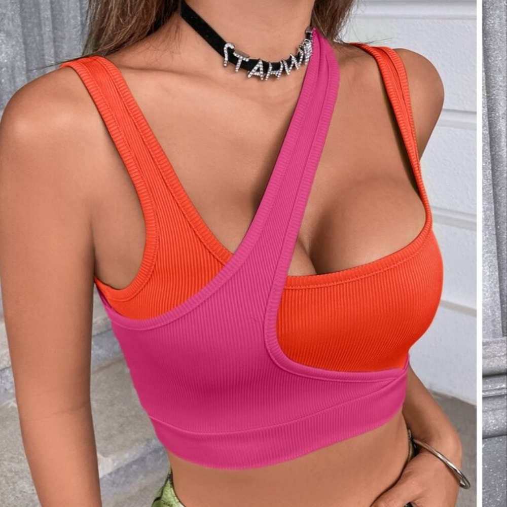 Pink Orange Cutout Colorblock Criss Cross Tank 6-8